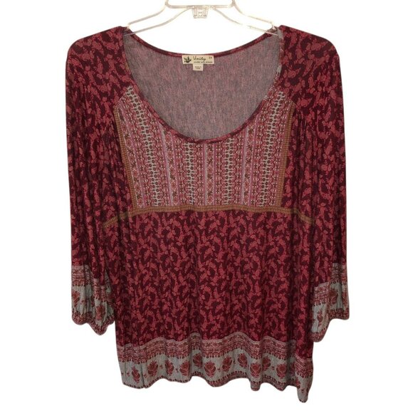 Unity Womens 2X Burgunday Printed 3/4 Sleeve Round Neck Tunic Top Shirt Blouse - Picture 1 of 9